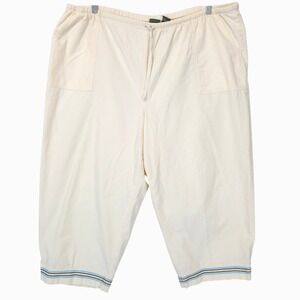 LL Bean Cotton Cropped Pants Womens 2X Cream Drawstring Embroidered Hem Capris